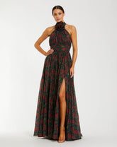 Black Floral Print Halter Neck Gown with Rosette